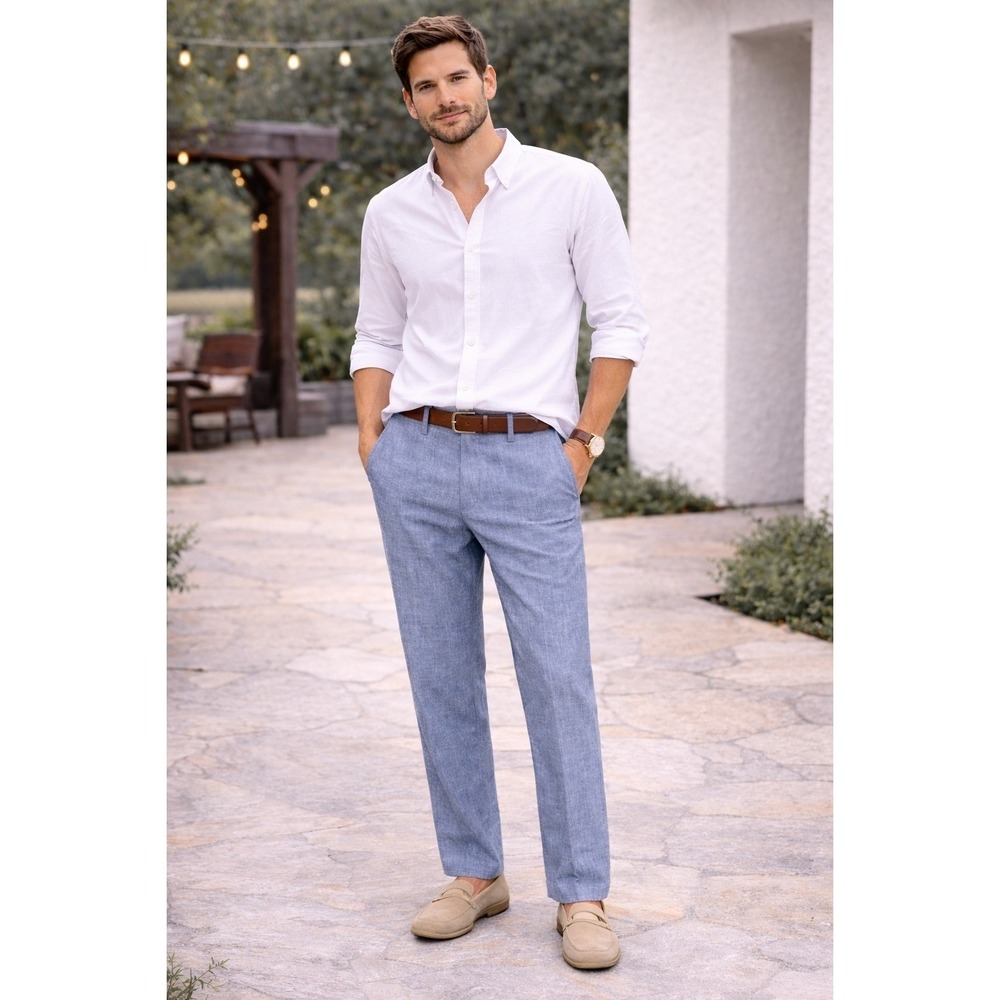John W. Norstrom Men's Blue Linen Dress Pants Classic Fit Flat Front Size 35R
